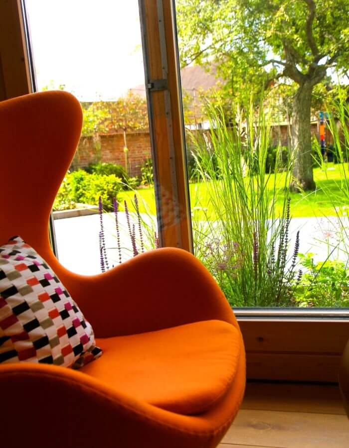 garden view with orange chair