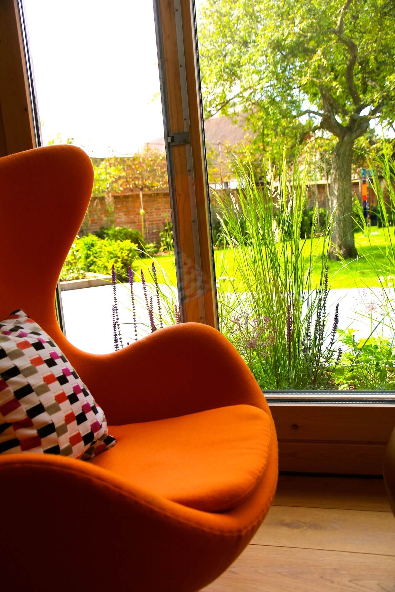 garden view with orange chair