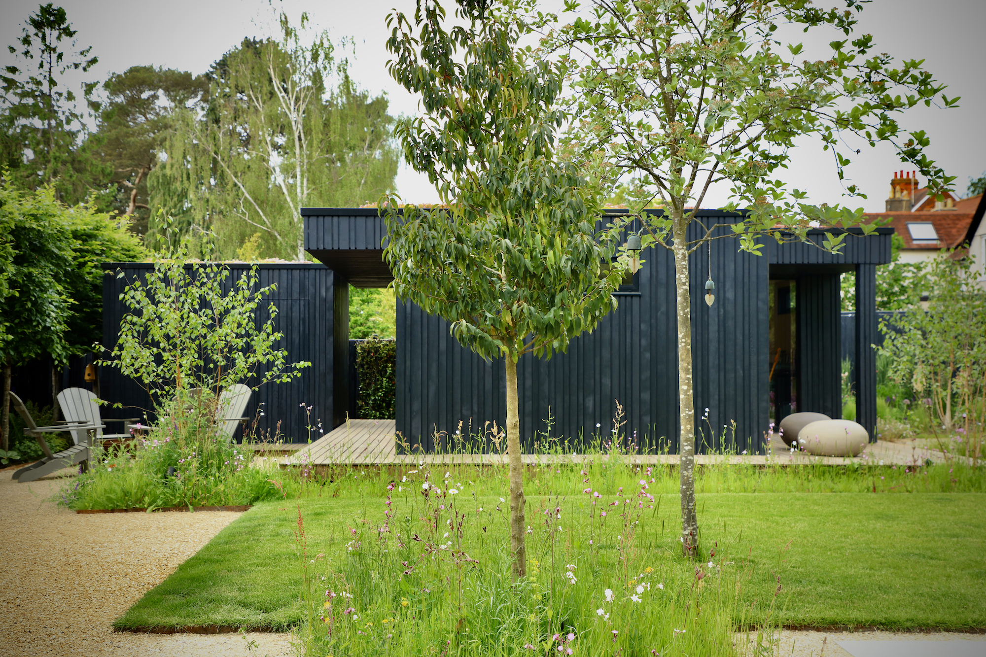 Black timber cladded garden studio with trees
