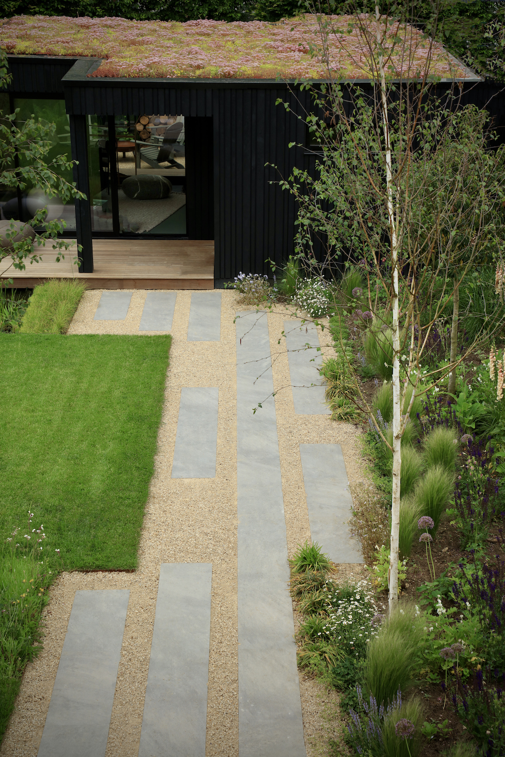 Shot from above of garden studio with growing roof