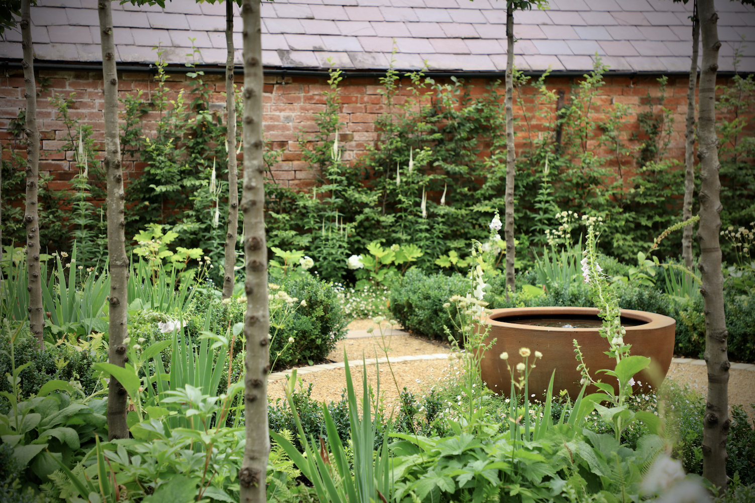 View of feature planting and water feature