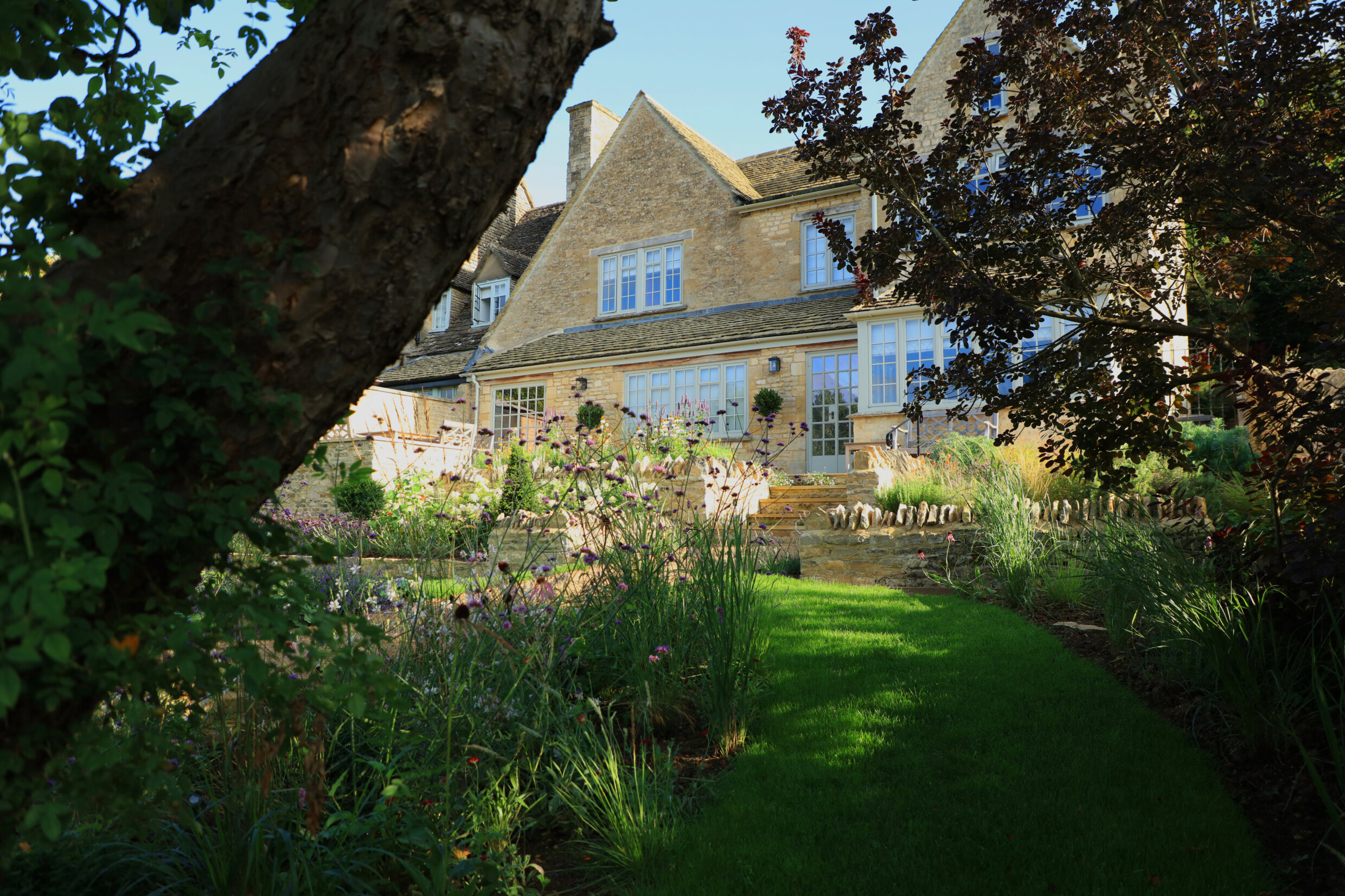 View of the cotswold stone house underneath the trunk of a tree