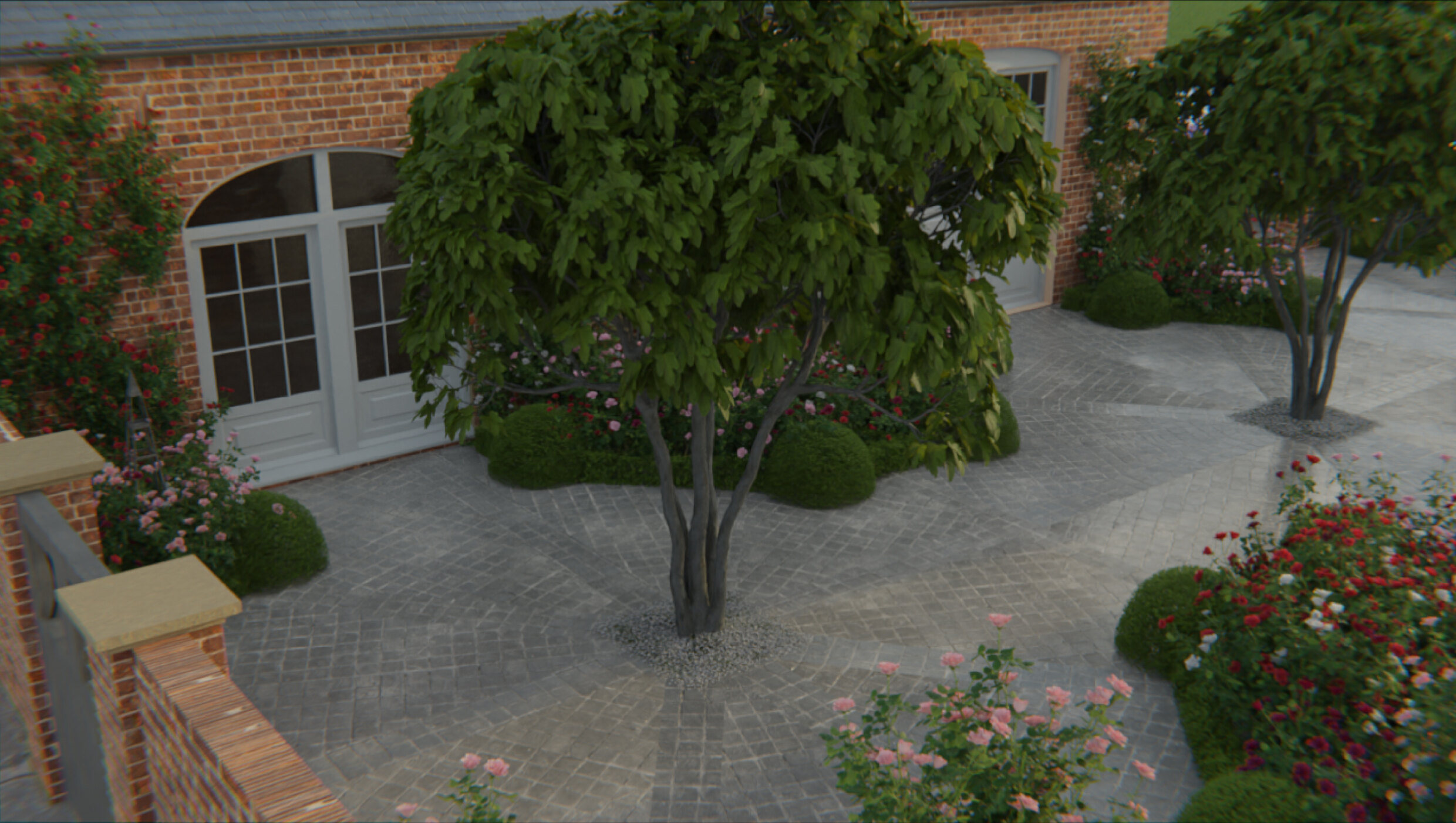 a three dimensional virtual tour of a courtyard design with Roses and trees
