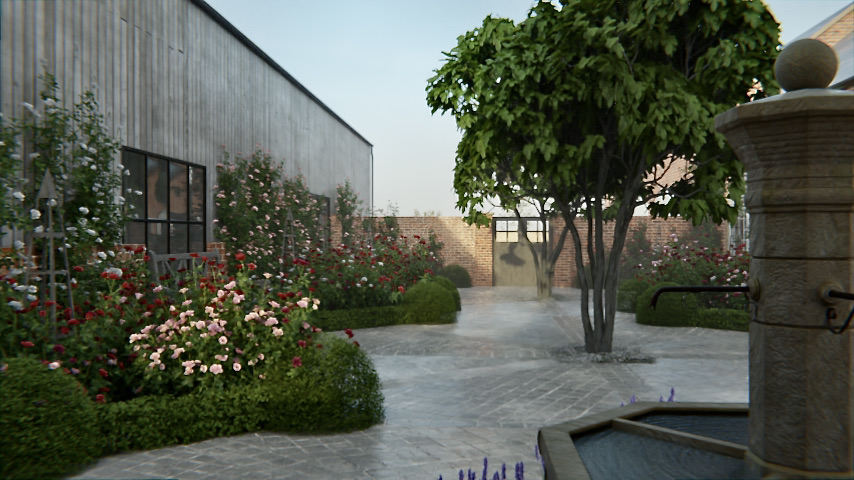Rose courtyard in 3d render at Sibford Park