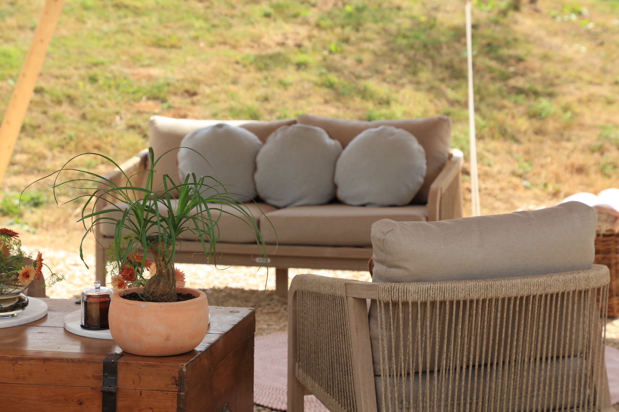 Kettler sofa under yurt tipi pop up at sibford park