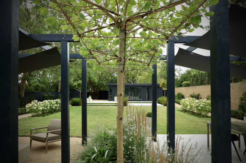 Symmetrical shot of roof pleached trees between arbor and sails