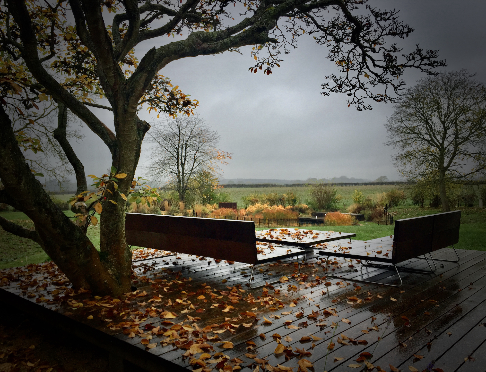 Autumn leaves on the ground around garden furniture 