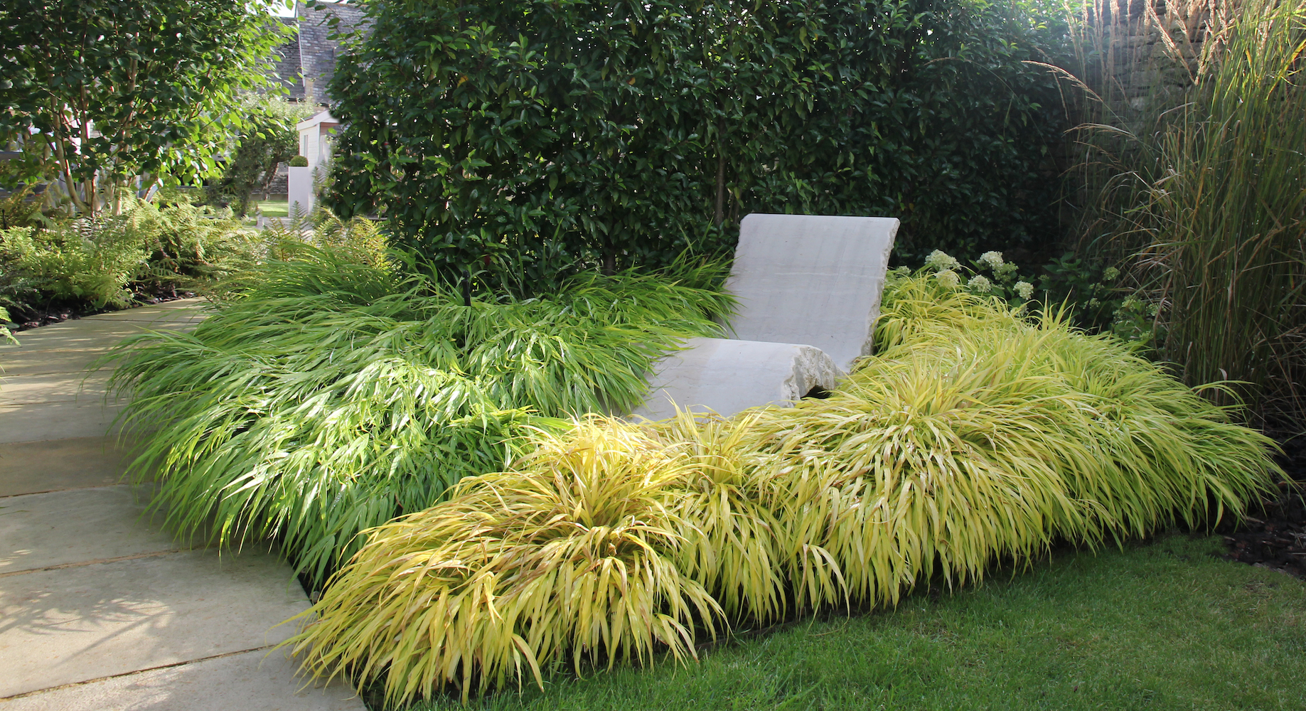 Zesty green Japanese forest grasses surrounding concrete sun lounger in spring time