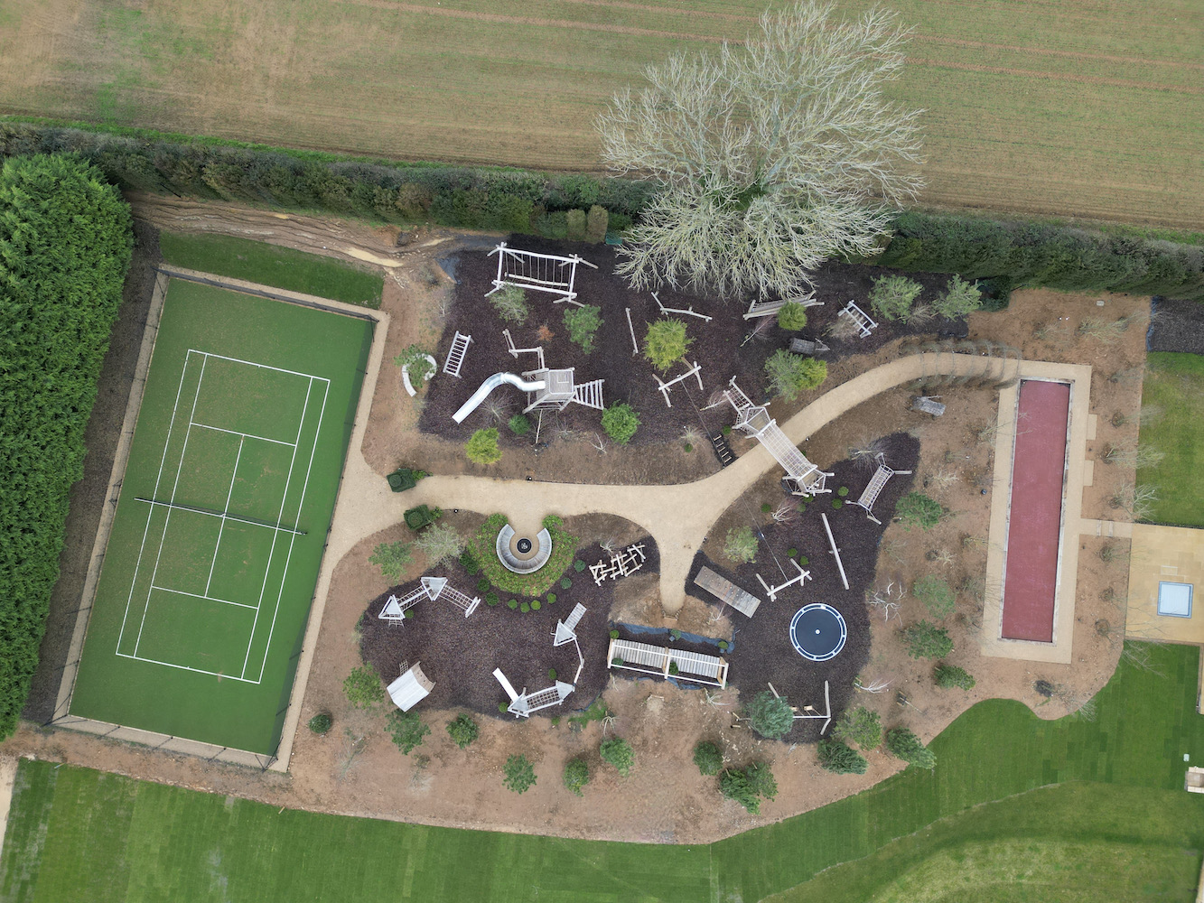 Ariel drone shot of Playscape at Sibford Park, hendy curzon gardens