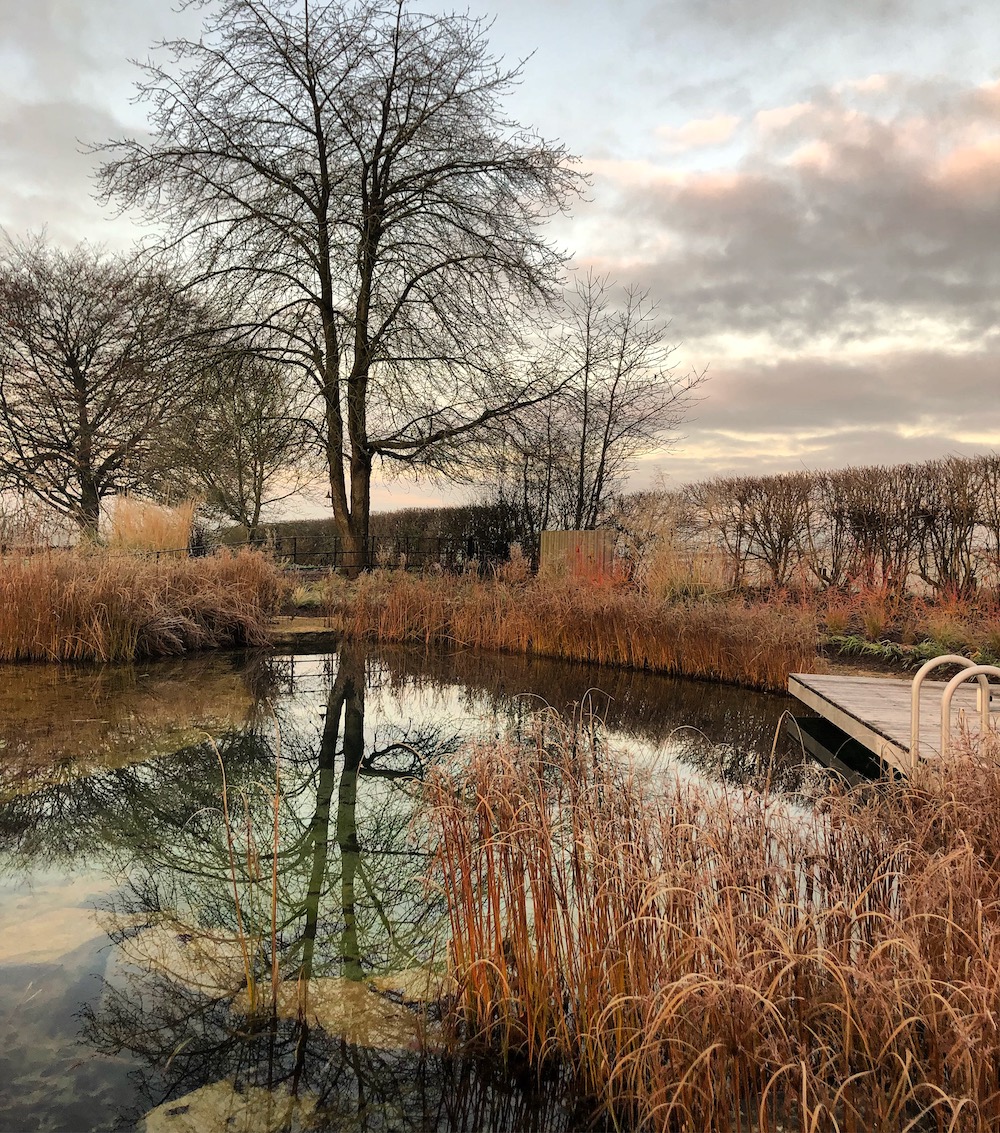 Natural swimming pool in Kingham by Hendy Curzon Gardens. Peach orange tones 