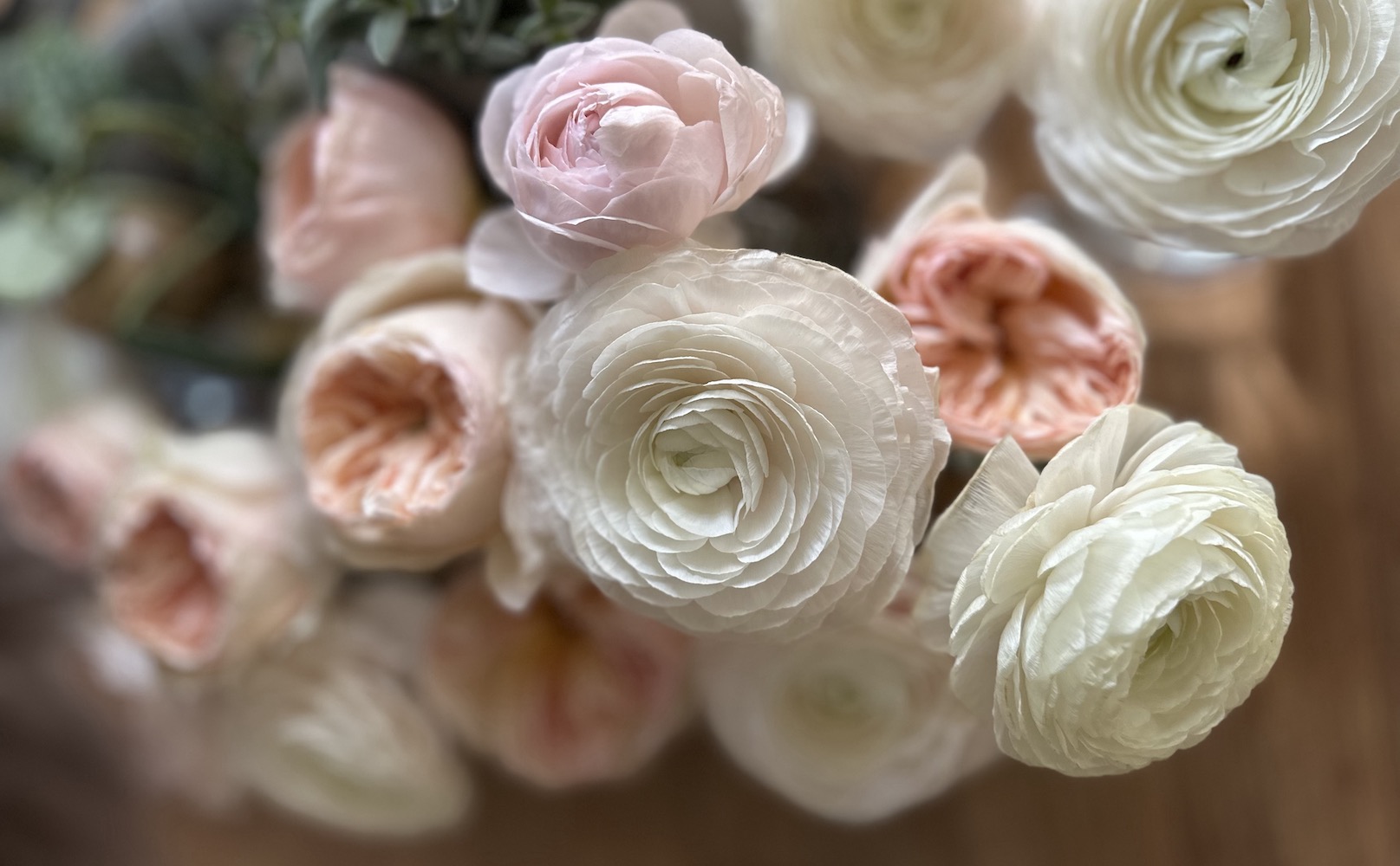 Close up of florals in peach fuzz, pink and white